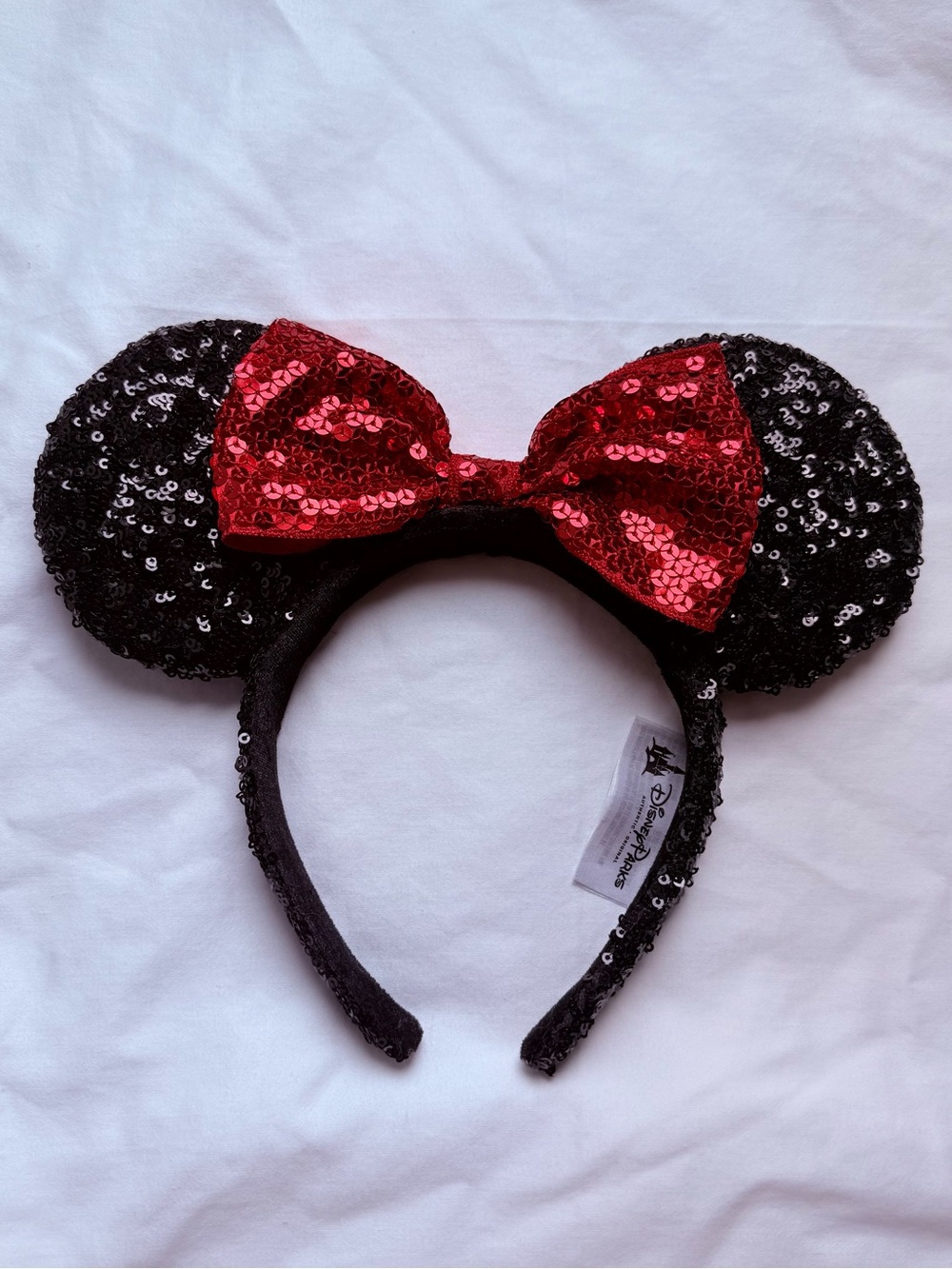 Disney Parks Minnie Mouse Black Sequin Ears Headband Red Bow